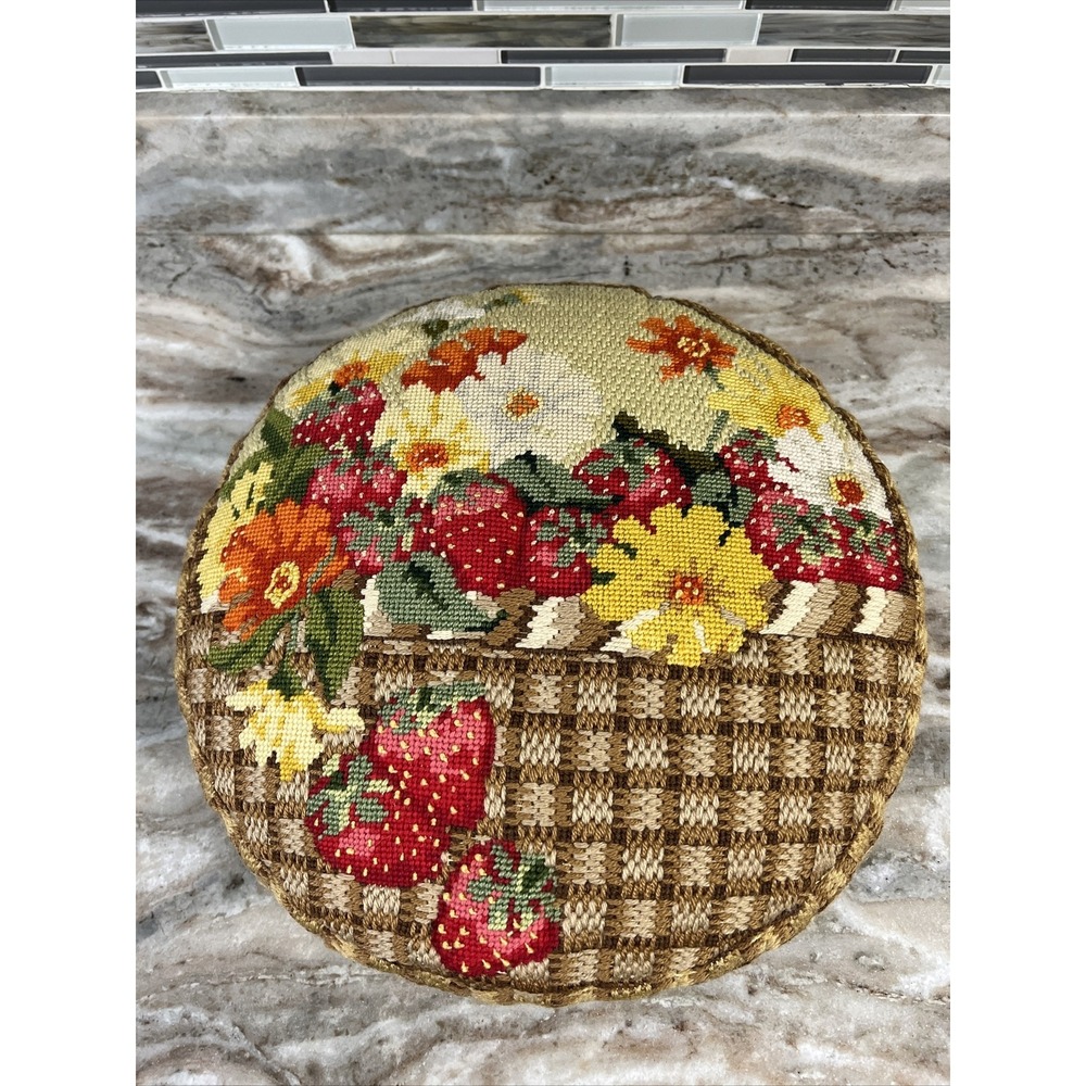 Vintage Handmade Floral Crochet Pillow Cushion 18" Round Boho